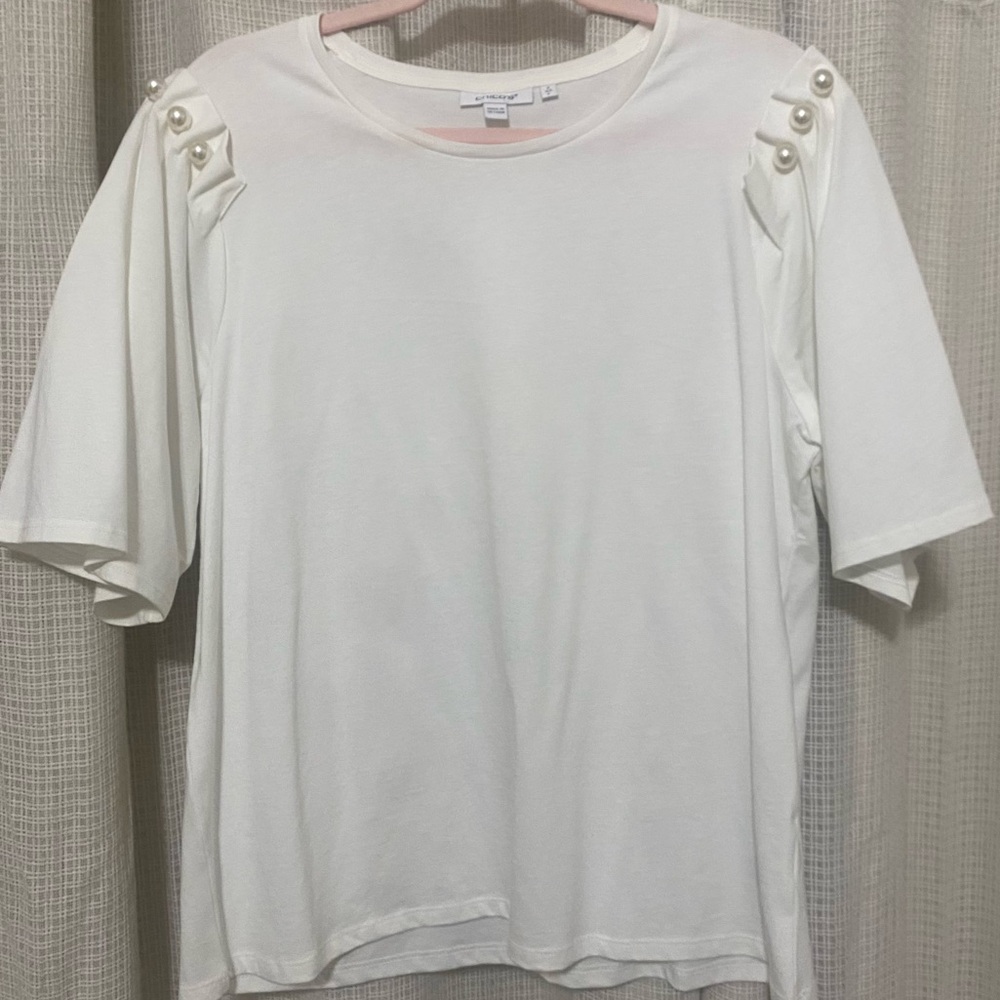 CHICO’S White Crew Neck Short Sleeve Top with Ruffle Pearl Details